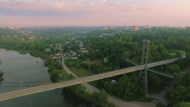 Aerial sunrise flying across the bridge