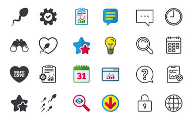 Sperm icons. Fertilization or insemination signs. Safe love heart symbol. Chat, Report and Calendar signs. Stars, Statistics and Download icons. Question, Clock and Globe. Vector