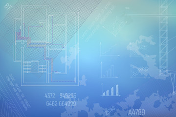 HVAC Engineering drawing. Blue Background and white contour scheme. Part of technical draft Vector Illustration.