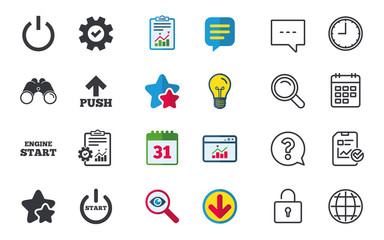 Power icons. Start engine symbol. Push or Press arrow sign. Chat, Report and Calendar signs. Stars, Statistics and Download icons. Question, Clock and Globe. Vector