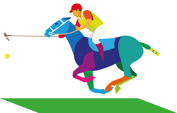 A rider on a horse is a player in a horse polo with a stick and a ball