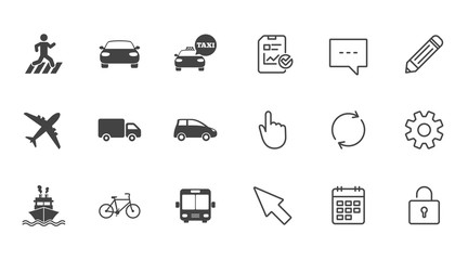 Transport icons. Car, bike, bus and taxi signs. Shipping delivery, pedestrian crossing symbols. Chat, Report and Calendar line signs. Service, Pencil and Locker icons. Click, Rotation and Cursor