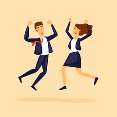 Fototapeta na wymiar Guy and the girl jump from happiness business. Flat design vector illustration.