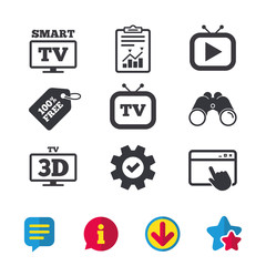 Smart 3D TV mode icon. Widescreen symbol. Retro television and TV table signs. Browser window, Report and Service signs. Binoculars, Information and Download icons. Stars and Chat. Vector