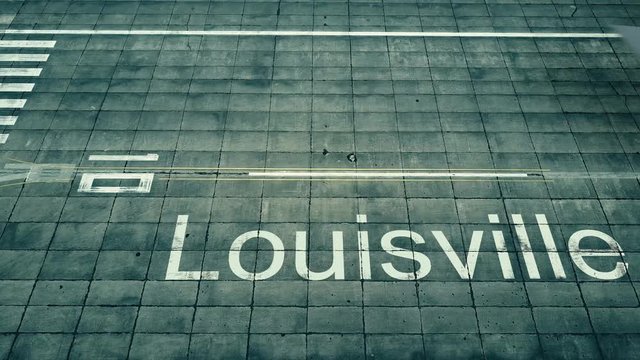 Aerial view of commercial plane landing at Louisville airport. Travel to the United States conceptual 4K intro animation