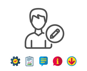 Edit User line icon. Profile Avatar with pencil sign. Male Person silhouette symbol. Report, Service and Information line signs. Download, Speech bubble icons. Editable stroke. Vector