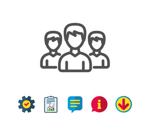 Group line icon. Users or Teamwork sign. Male Person silhouette symbol. Report, Service and Information line signs. Download, Speech bubble icons. Editable stroke. Vector