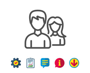 Couple line icon. Users Group or Teamwork sign. Male and Female Person silhouette symbol. Report, Service and Information line signs. Download, Speech bubble icons. Editable stroke. Vector