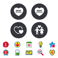 Valentine day love icons. Best girlfriend and boyfriend symbol. Couple lovers sign. Calendar, Information and Download signs. Stars, Award and Book icons. Light bulb, Shield and Search. Vector