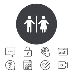 WC sign icon. Toilet symbol. Male and Female toilet. Calendar, Locker and Speech bubble line signs. Video camera, Statistics and Question icons. Vector