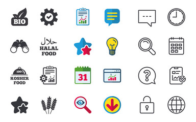 Natural Bio food icons. Halal and 100% Kosher signs. Gluten free agricultural symbol. Chat, Report and Calendar signs. Stars, Statistics and Download icons. Question, Clock and Globe. Vector