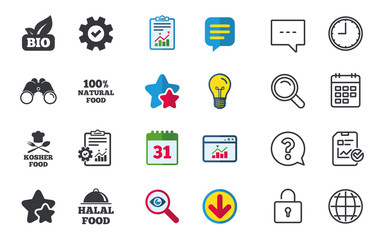 100% Natural Bio food icons. Halal and Kosher signs. Chief hat with fork and spoon symbol. Chat, Report and Calendar signs. Stars, Statistics and Download icons. Question, Clock and Globe. Vector