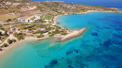 Fototapeta na wymiar Aerial drone photo of Koufonisi island with clear turquoise waters, Cyclades, Greece