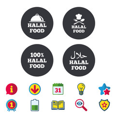 Halal food icons. 100% natural meal symbols. Chef hat with spoon and fork sign. Natural muslims food. Calendar, Information and Download signs. Stars, Award and Book icons. Vector