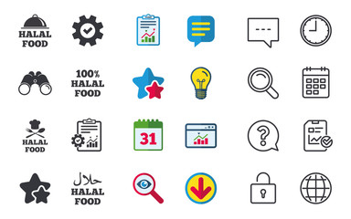Halal food icons. 100% natural meal symbols. Chef hat with spoon and fork sign. Natural muslims food. Chat, Report and Calendar signs. Stars, Statistics and Download icons. Question, Clock and Globe