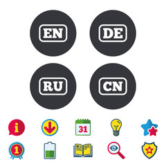 Language icons. EN, DE, RU and CN translation symbols. English, German, Russian and Chinese languages. Calendar, Information and Download signs. Stars, Award and Book icons. Vector