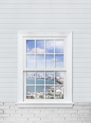 view seascape of pattaya bay from white wooden window and white brick wall, pattaya city, thailand