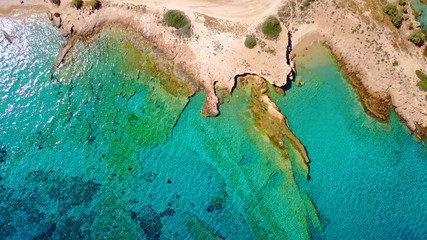 Aerial drone photo of Koufonisi island with clear turquoise waters, Cyclades, Greece