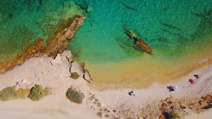 Aerial drone photo of Koufonisi island with clear turquoise waters, Cyclades, Greece