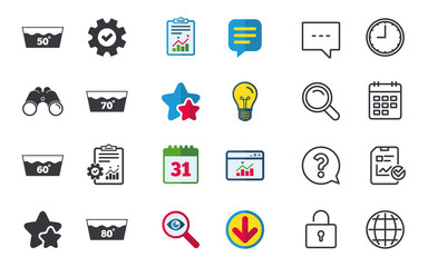 Wash icons. Machine washable at 50, 60, 70 and 80 degrees symbols. Laundry washhouse signs. Chat, Report and Calendar signs. Stars, Statistics and Download icons. Question, Clock and Globe. Vector