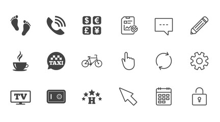 Hotel, apartment services icons. Coffee sign. Phone call, kid-friendly and safe strongbox symbols. Chat, Report and Calendar line signs. Service, Pencil and Locker icons. Click, Rotation and Cursor