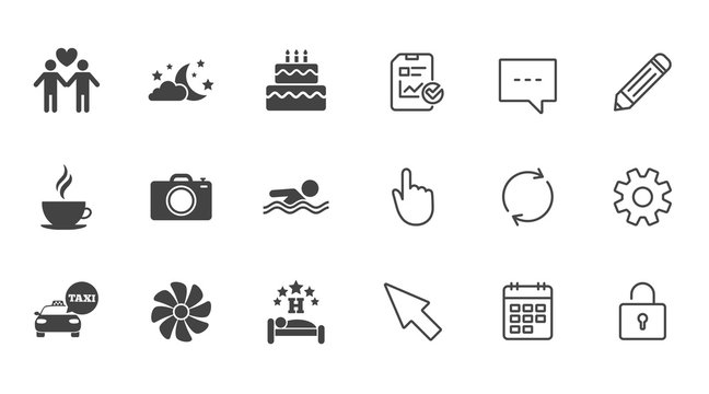 Hotel, apartment service icons. Swimming pool. Ventilation, birthday party and gay-friendly symbols. Chat, Report and Calendar line signs. Service, Pencil and Locker icons. Click, Rotation and Cursor
