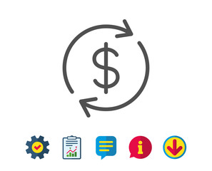 Currency exchange line icon. Money Transfer sign. Dollar in rotation arrow symbol. Report, Service and Information line signs. Download, Speech bubble icons. Editable stroke. Vector