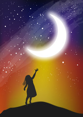 The girl touching the moon on the sky