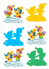 Fototapeta na wymiar cartoon scene with kids playing - snow fight winter activity / isolated illustration matching game