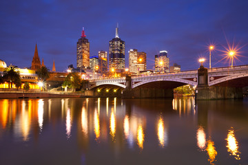 Skyline of Melbourne, Australia across the Yarra River at night