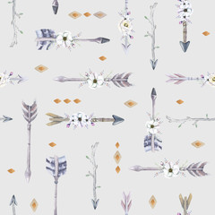 Watercolor boho seamless pattern with teepee, arrows and feather