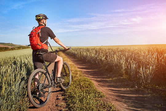 Attractive one cyclist on mountainbike on path near green fields in the countryside in the summer season.