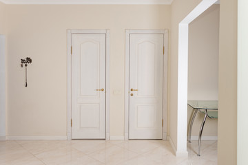 House interior. Entrance hallway with white doors to walk-in closet and toilet.