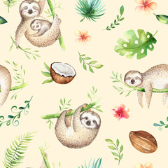 Baby animals sloth nursery isolated seamless pattern painting. Watercolor boho tropical drawing, child tropical drawing cute palm tree leaves, tropic green texture, exotic flower. Aloha baby shower © kris_art