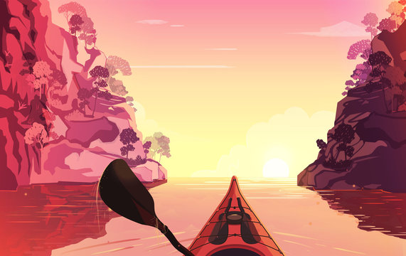 Person rowing on the river in kayak. Outdoor illustration. Sunset time.