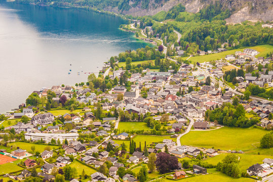 View of alpine village St. Gilgen and Wolfgangsee lake from Plomberg mountain, Austria