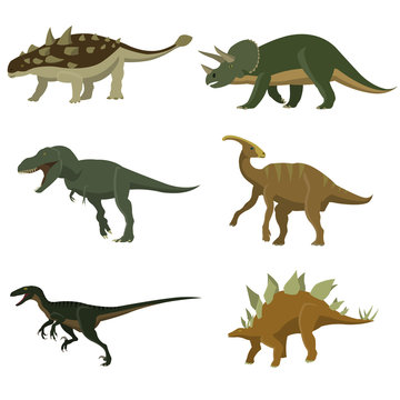 Set of dinosaurs. Stegosaurus, tyrannosaurus, triceratops, ankylosaurus, hidrosaurus, velciraptor