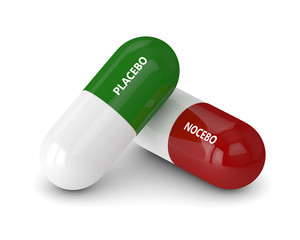 3D render of placebo and nocebo pills over white - obrazy, fototapety, plakaty