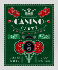 Casino party invitation with decorative elements. Vintage vector illustration