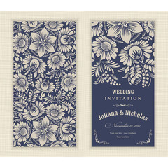 Wedding invitation cards  baroque style blue and beige. Vintage  Pattern. Retro Victorian ornament. Frame with flowers elements. Vector illustration. - 163748971