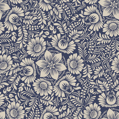 Seamless background baroque style blue and beige. Vintage Pattern. Retro Victorian. Ornament in Damascus style. Elements of flowers, leaves. Vector illustration. Wallpaper, print packaging, textiles. - 163748990