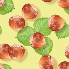 Hazelnut. Watercolor seamless pattern with nuts