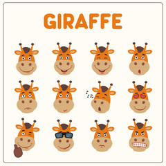Emoticons set face of giraffe in cartoon style. Collection isolated funny muzzle giraffe with different emotion.