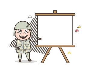 Cartoon Army Man Showing Blank Canvas Board Vector Illustration