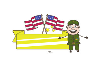 Old American Army Man with US Flags and Banner Vector Illustration