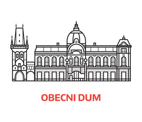 Prague Municipal house and Powder tower vector illustration in line art design. City hall Obecni Dum and Powder Gate landmarks emlem in linear style.