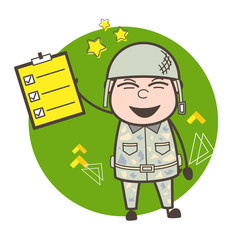 Joyful Army Man Showing Checklist Vector Illustration