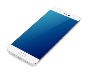 Modern white smartphone with blue screen lying isolated on white background. Smart phone with...