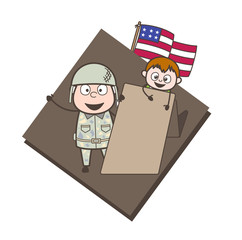 Cartoon Army Man with Little Boy and Message Banner Vector Illustration