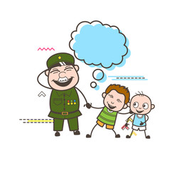 Joyful Army Man with Naughty Kids Vector Illustration